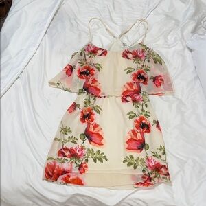 Buffalo David Bitton Cream Floral Mini Dress with Red-Pink Poppies